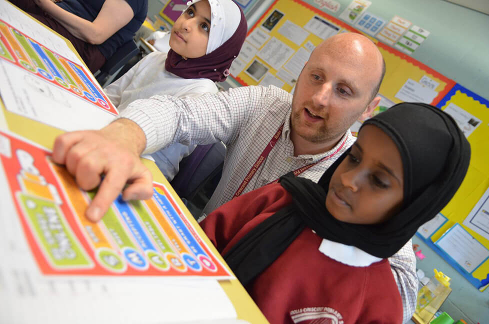 Teacher and pupil looking at papers