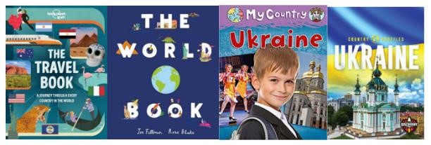 A selection of travel books and books about Ukraine for children.