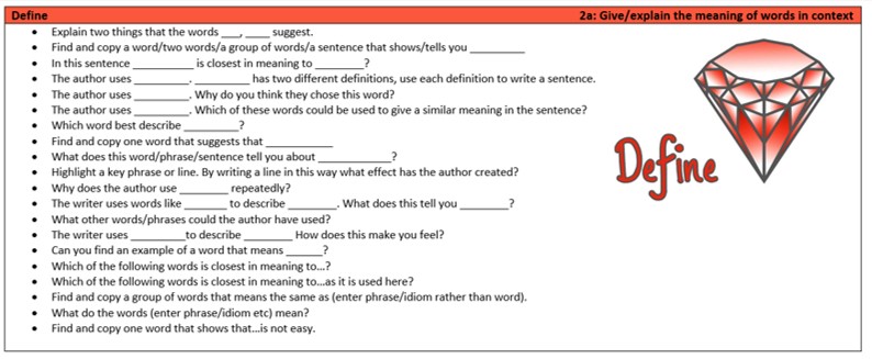 A series of example questions that ask the readers to give and explain the meaning of words in context.