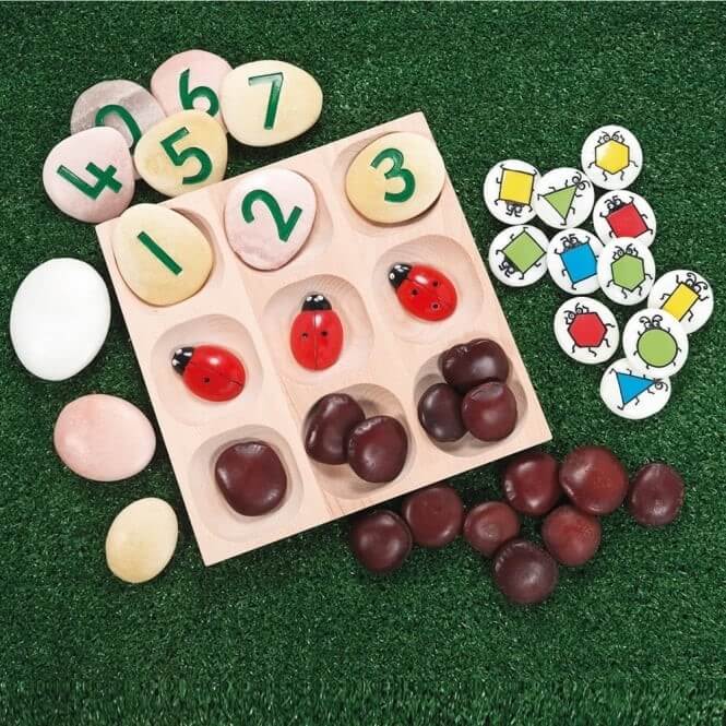 An Early Years resource to support counting using numbered counters, toy ladybirds, and conkers. 