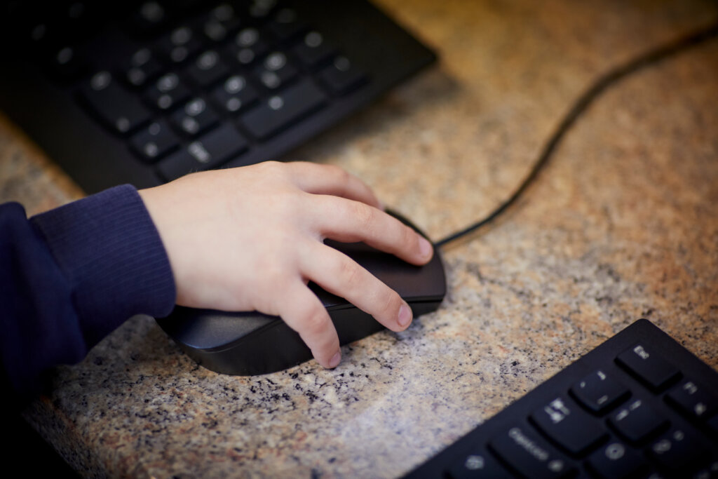 A child's hand on a computer mouse.