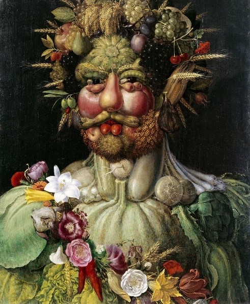 A painted portrait of a man, made out of fruit and vegetables.