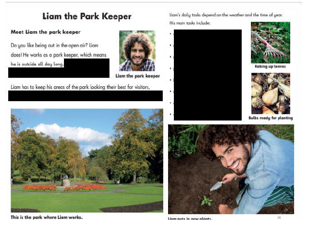 A block of text describing Liam the Park Keeper, surrounded by related images. Some of the text has been blacked out.