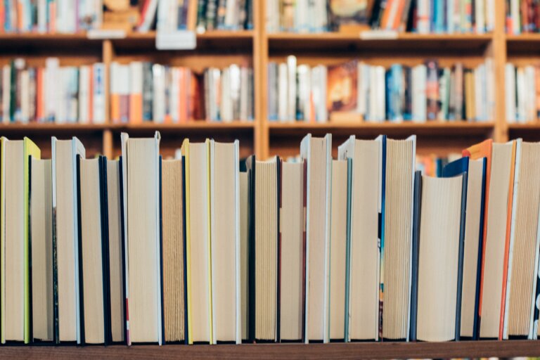 Books lined on a shelf in the library