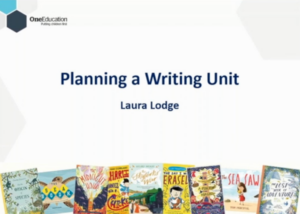 A slide with the header planning a writing unit, illustrated with books.