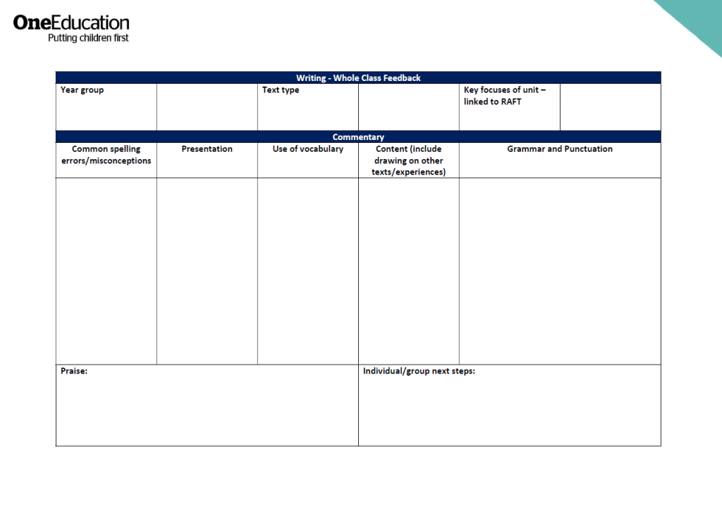 A Whole Class Feedback Sheet to support writing assessment.